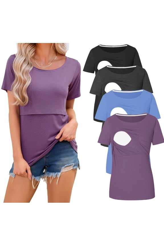 Maternity Nursing Tops Clothes for Women Ribbed Breastfeeding Shirts Clothes 4-Pack