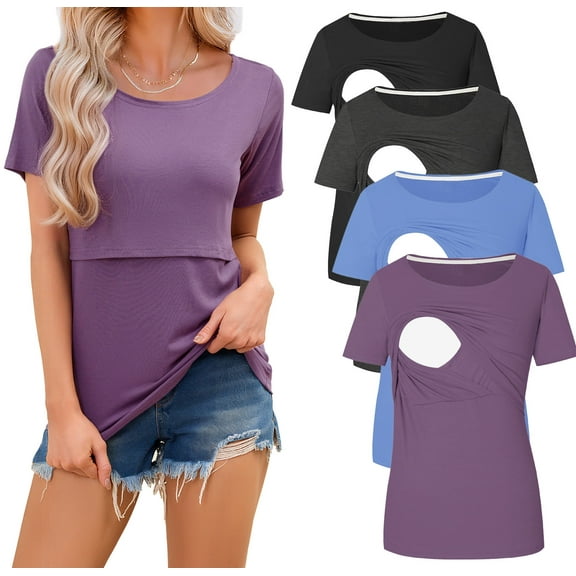 Maternity Nursing Tops Clothes for Women Ribbed Breastfeeding Shirts Clothes 4-Pack