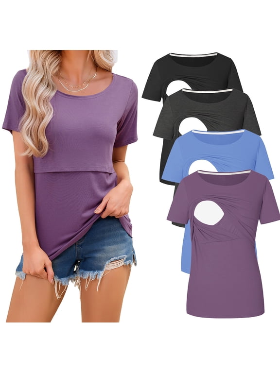 Maternity Nursing Tops Clothes for Women Ribbed Breastfeeding Shirts Clothes 4-Pack