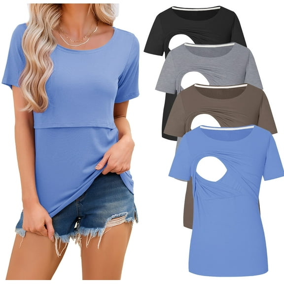 Maternity Nursing Tops Clothes for Women Ribbed Breastfeeding Shirts Clothes 4-Pack
