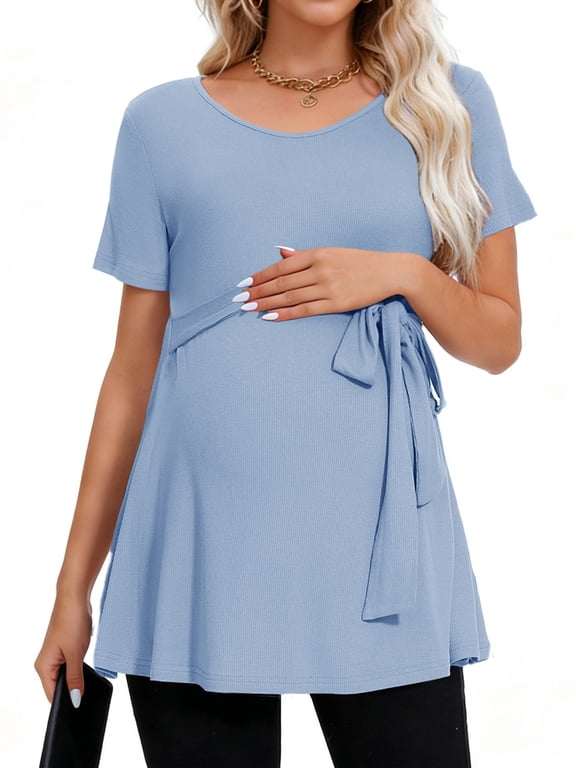 Short Sleeve Maternity Clothes for Women Tie Front Maternity Tops Pregnancy Shirts