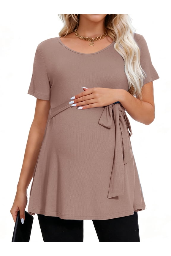 Short Sleeve Maternity Clothes for Women Tie Front Maternity Tops Pregnancy Shirts