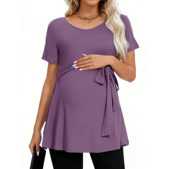 Short Sleeve Maternity Clothes for Women Tie Front Maternity Tops Pregnancy Shirts