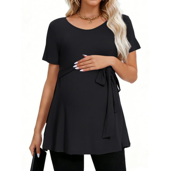 Short Sleeve Maternity Clothes for Women Tie Front Maternity Tops Pregnancy Shirts