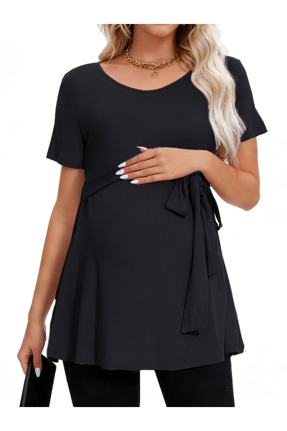 Short Sleeve Maternity Clothes for Women Tie Front Maternity Tops Pregnancy Shirts