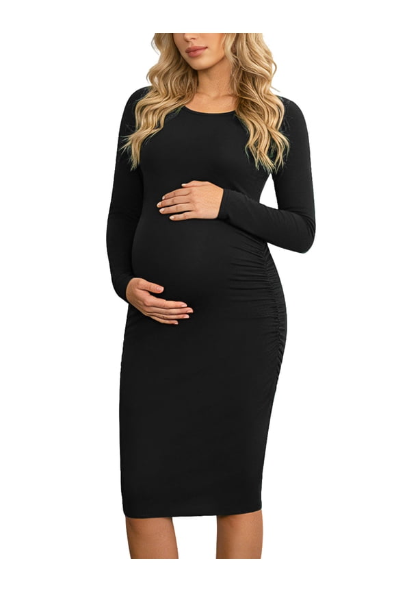 Side Ruched Pregnancy Dress Long Sleeve Maternity Clothes for Women