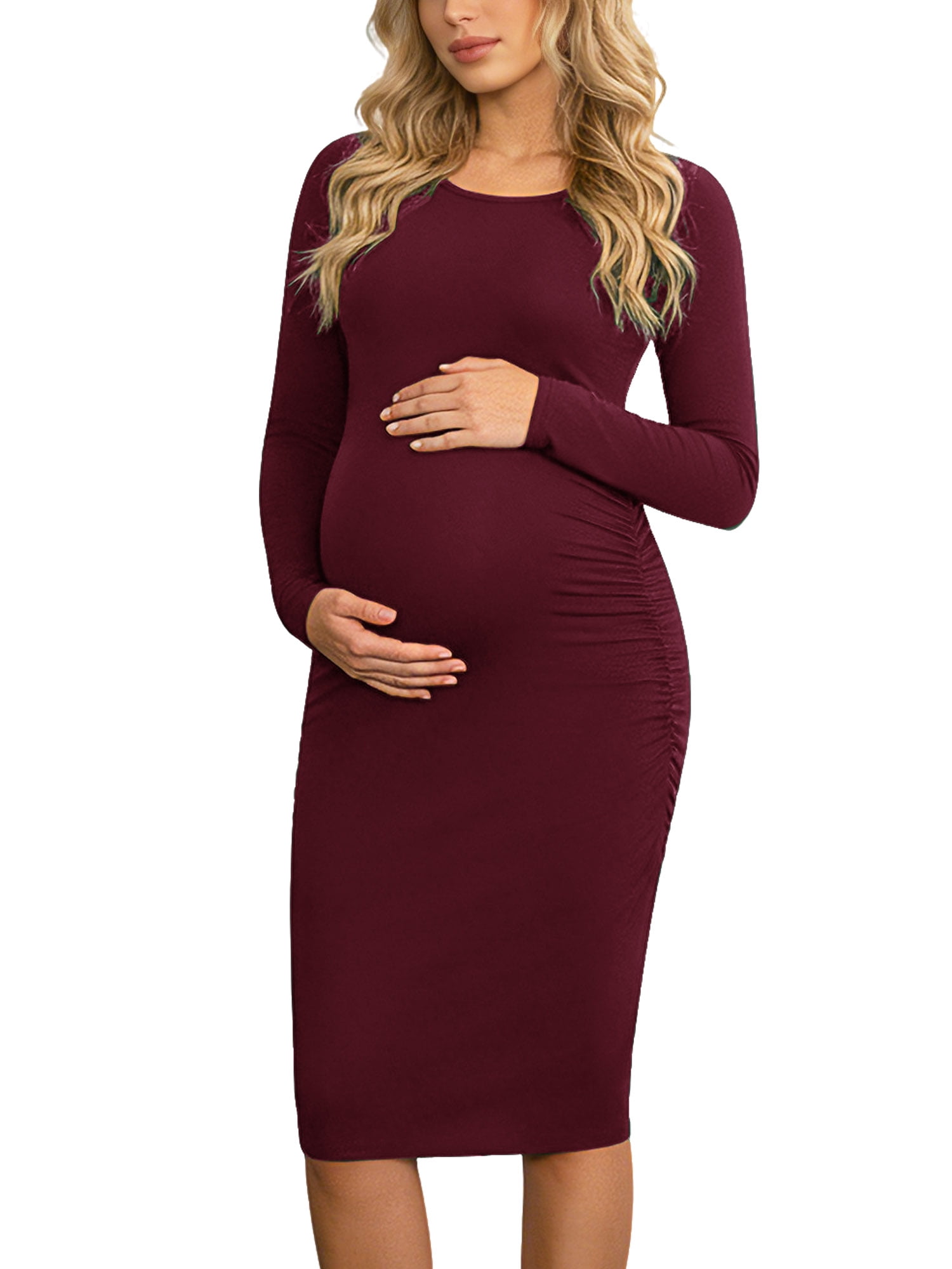 burgundy long sleeve maternity dress Burgundy Solid Long Sleeve Scoop Neck Maternity Maxi Dress main image 0