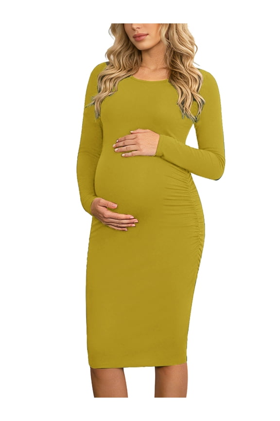 Side Ruched Pregnancy Dress Long Sleeve Maternity Clothes for Women