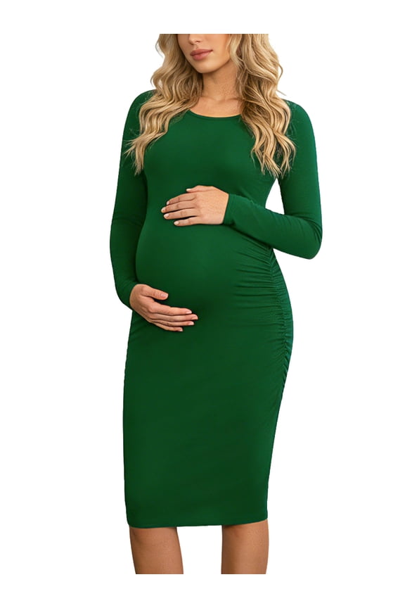 Side Ruched Pregnancy Dress Long Sleeve Maternity Clothes for Women