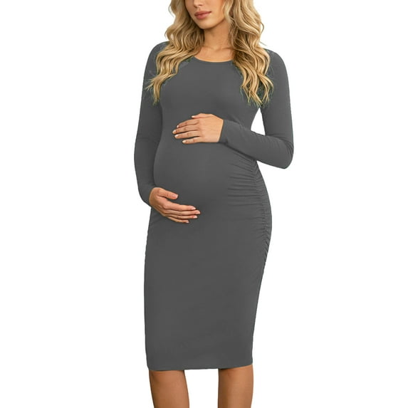 Side Ruched Pregnancy Dress Long Sleeve Maternity Clothes for Women