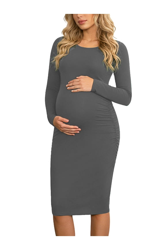 Side Ruched Pregnancy Dress Long Sleeve Maternity Clothes for Women
