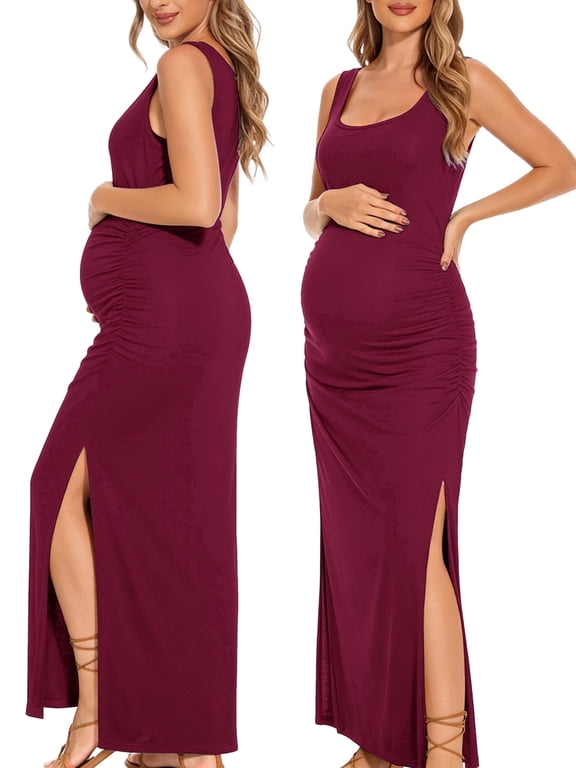 Split Maternity Dress Sleeveless Long Pregnancy Dress Ruched Maternity Clothes for Women