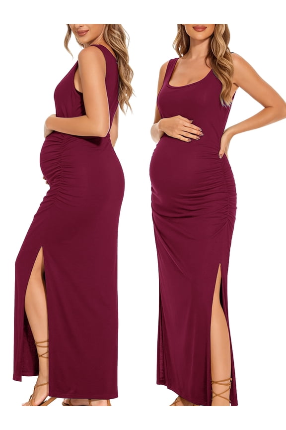 Split Maternity Dress Sleeveless Long Pregnancy Dress Ruched Maternity Clothes for Women