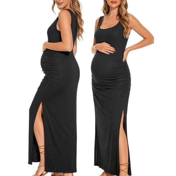 Split Maternity Dress Sleeveless Long Pregnancy Dress Ruched Maternity Clothes for Women