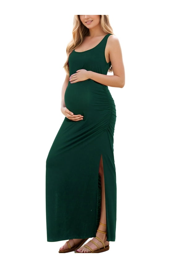 Split Maternity Dress Sleeveless Long Pregnancy Dress Ruched Maternity Clothes for Women
