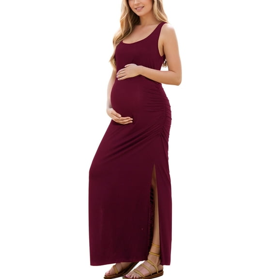 Split Maternity Dress Sleeveless Long Pregnancy Dress Ruched Maternity Clothes for Women