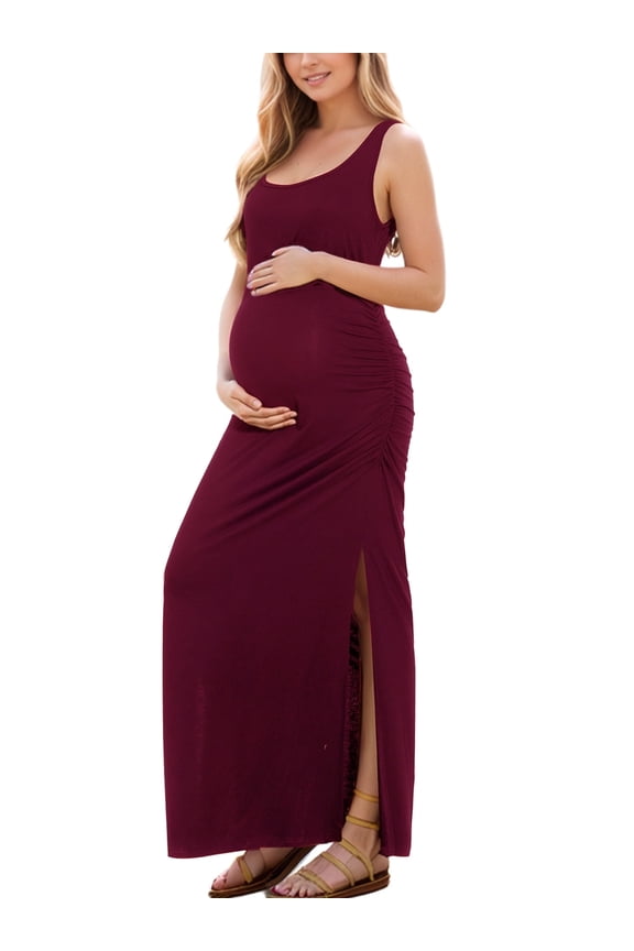 Split Maternity Dress Sleeveless Long Pregnancy Dress Ruched Maternity Clothes for Women