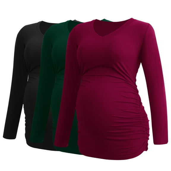 V Neck Long Sleeve Pregnancy Tops Shirts Maternity Clothes for Women 3-Pack