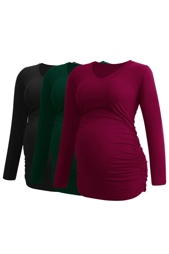 V Neck Long Sleeve Pregnancy Tops Shirts Maternity Clothes for Women 3-Pack