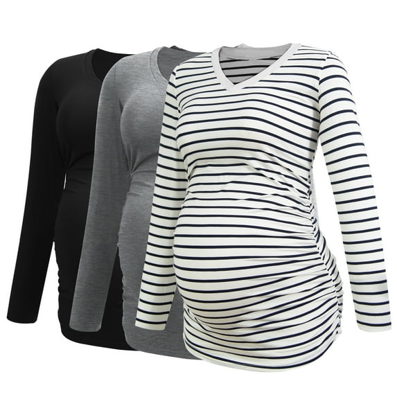 V Neck Long Sleeve Pregnancy Tops Shirts Maternity Clothes for Women 3-Pack