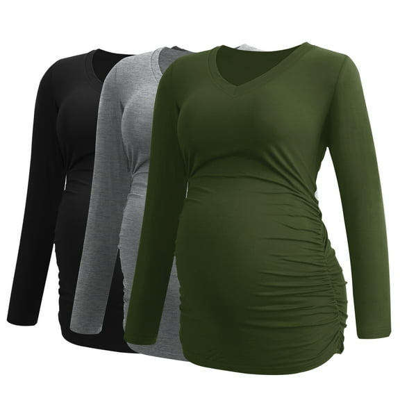 V Neck Long Sleeve Pregnancy Tops Shirts Maternity Clothes for Women 3-Pack