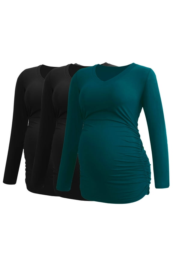 V Neck Long Sleeve Pregnancy Tops Shirts Maternity Clothes for Women 3-Pack