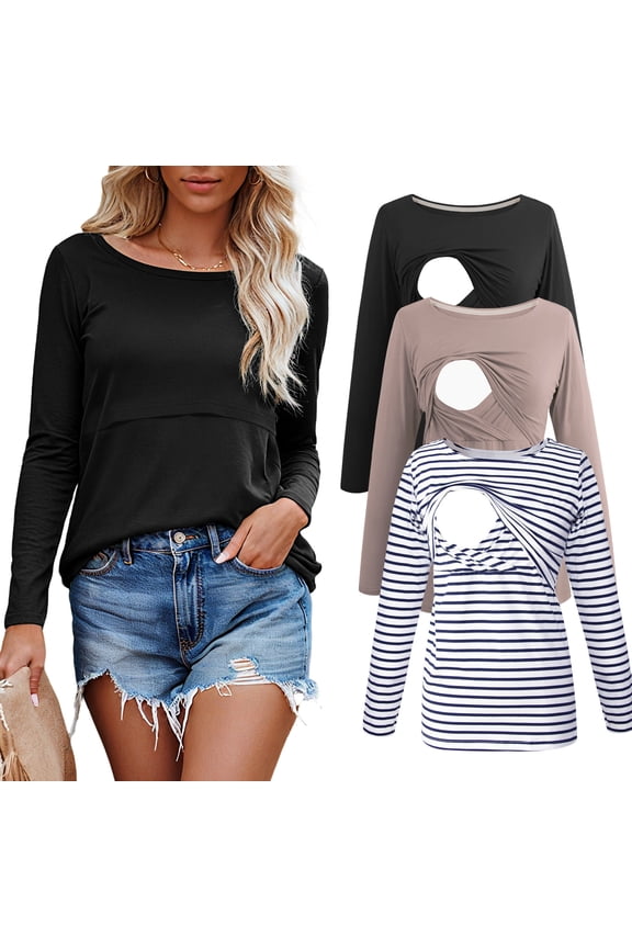 Women's Long Sleeve Maternity Nursing Tops Shirts Breastfeeding Clothes 3-Pack