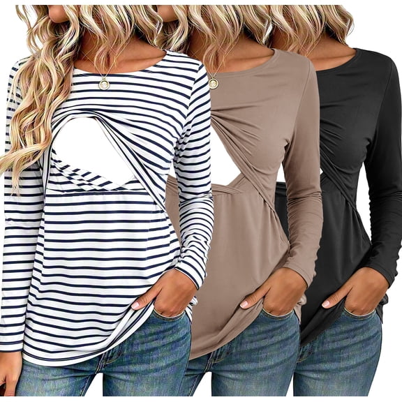 Women's Long Sleeve Maternity Nursing Tops Shirts Breastfeeding Clothes 3-Pack