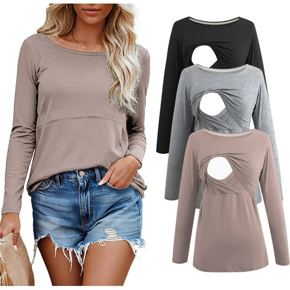 Women's Long Sleeve Maternity Nursing Tops Shirts Breastfeeding Clothes 3-Pack