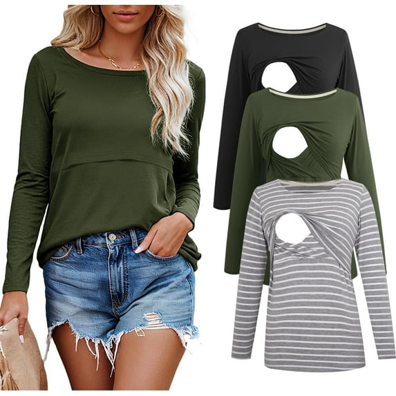 Women's Long Sleeve Maternity Nursing Tops Shirts Breastfeeding Clothes 3-Pack
