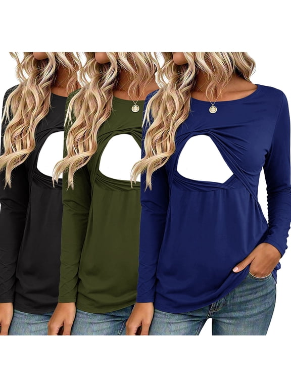 Women's Long Sleeve Maternity Nursing Tops Shirts Breastfeeding Clothes 3-Pack