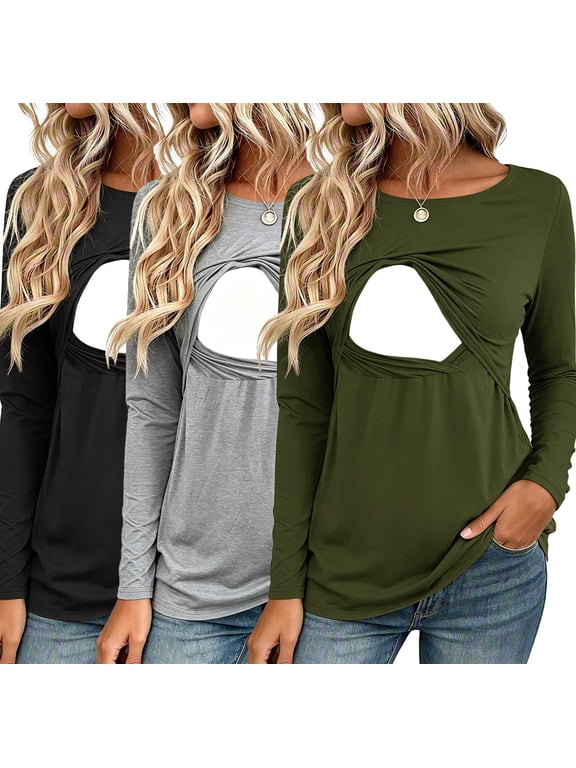 Women's Long Sleeve Maternity Nursing Tops Shirts Breastfeeding Clothes 3-Pack