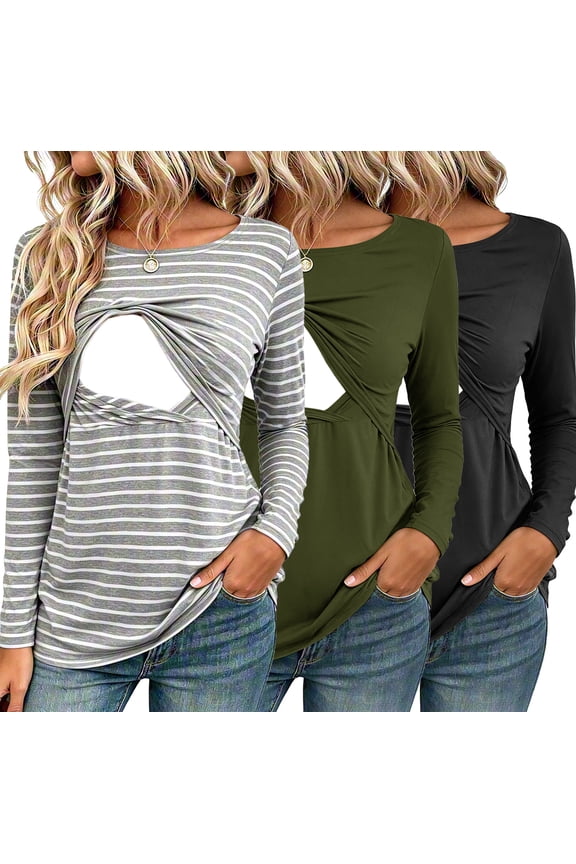 Women's Long Sleeve Maternity Nursing Tops Shirts Breastfeeding Clothes 3-Pack