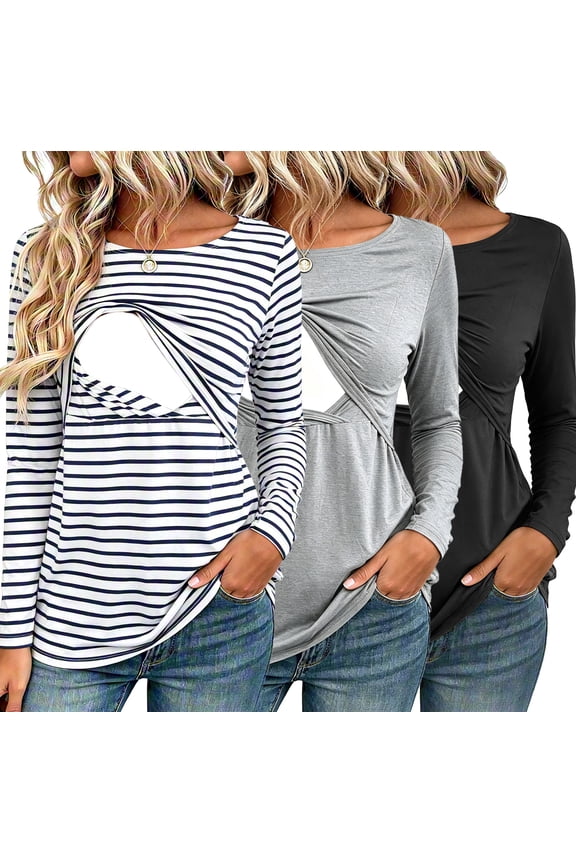 Women's Long Sleeve Maternity Nursing Tops Shirts Breastfeeding Clothes 3-Pack