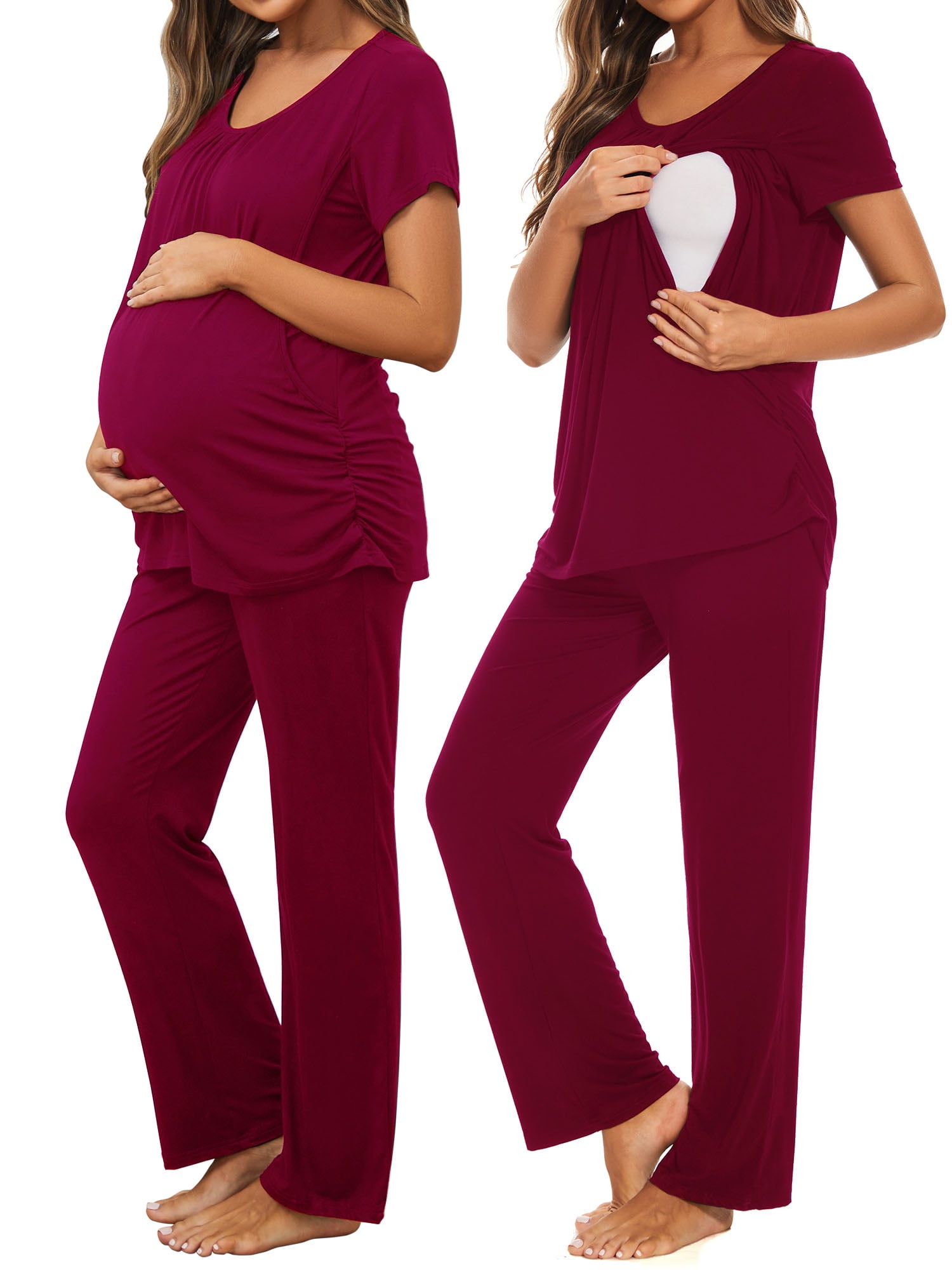 Joyaria Women's Maternity Button-Down Pajama Set - Long Sleeve Bamboo Sleepwear For Hospital (Navy Blue, Large)