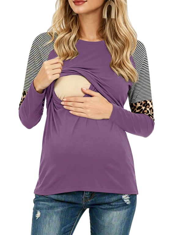Women's Maternity Nursing Shirt Top Long Sleeve Patchwork Breastfeeding Clothes