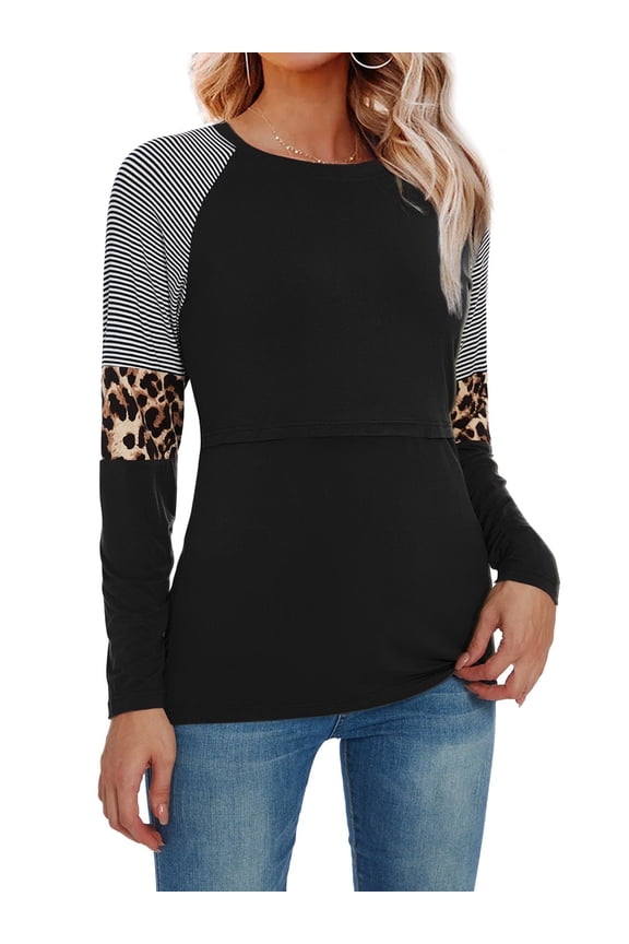 Women's Maternity Nursing Shirt Top Long Sleeve Patchwork Breastfeeding Clothes