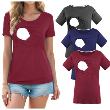Smallshow Women's Maternity Nursing Tops 3-Pack - Ruched Breastfeeding Shirts With Discreet Access
