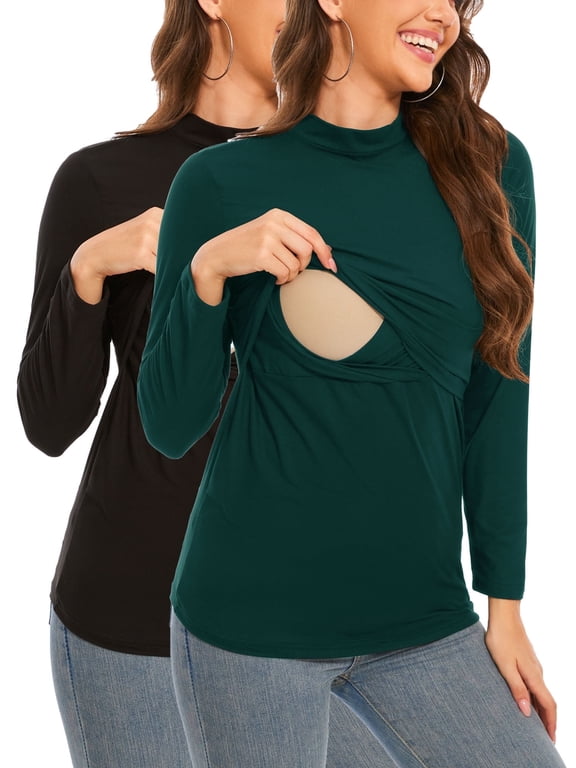 Women's Maternity Nursing Tops Shirts Mock Neck Breastfeeding Clothes 2-Pack
