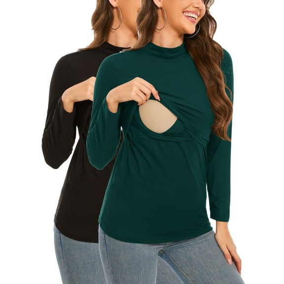 Women's Maternity Nursing Tops Shirts Mock Neck Breastfeeding Clothes 2-Pack