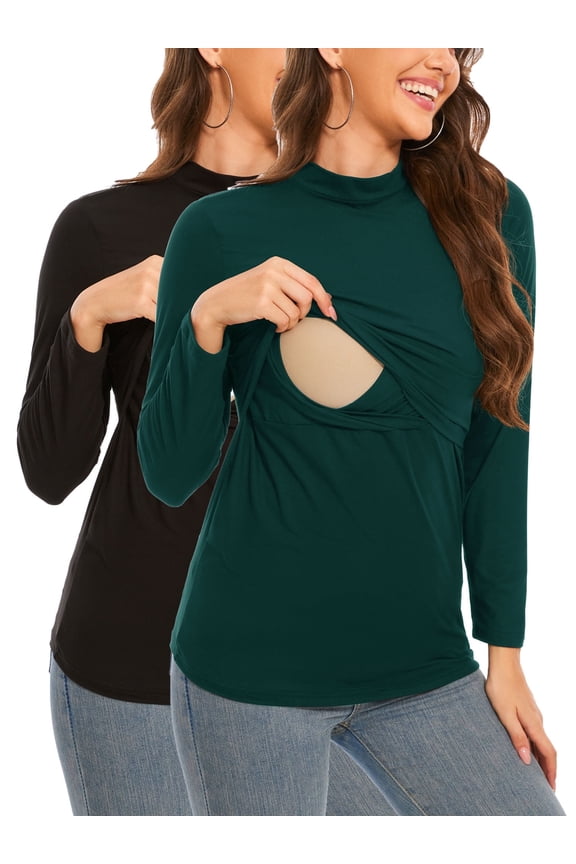 Women's Maternity Nursing Tops Shirts Mock Neck Breastfeeding Clothes 2-Pack