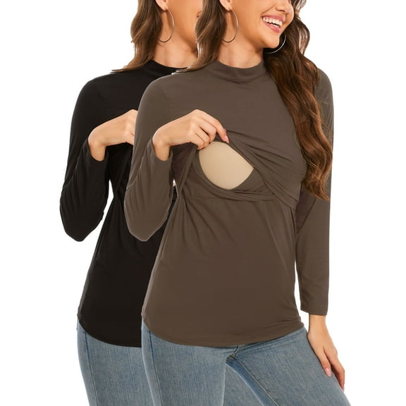 Women's Maternity Nursing Tops Shirts Mock Neck Breastfeeding Clothes 2-Pack