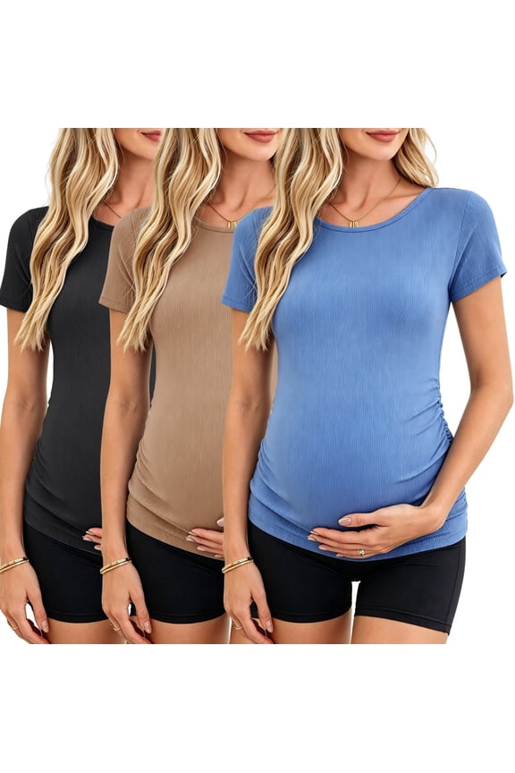 Women's Maternity Shirts Tops Side Ruched Ribbed Pregnancy Clothes 3-Pack