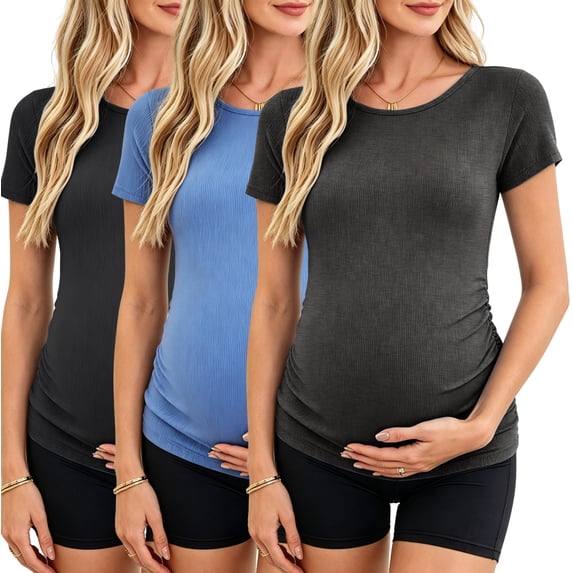 Women's Maternity Shirts Tops Side Ruched Ribbed Pregnancy Clothes 3-Pack