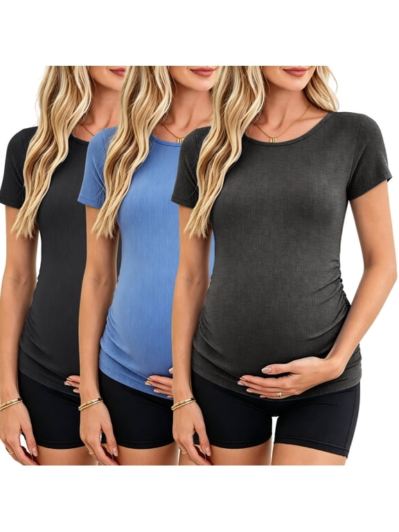 Women's Maternity Shirts Tops Side Ruched Ribbed Pregnancy Clothes 3-Pack