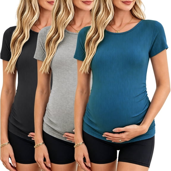 Women's Maternity Shirts Tops Side Ruched Ribbed Pregnancy Clothes 3-Pack