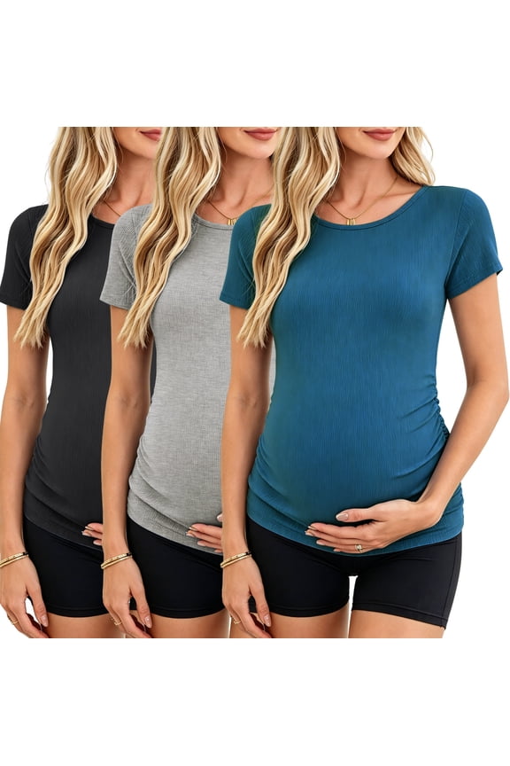Women's Maternity Shirts Tops Side Ruched Ribbed Pregnancy Clothes 3-Pack