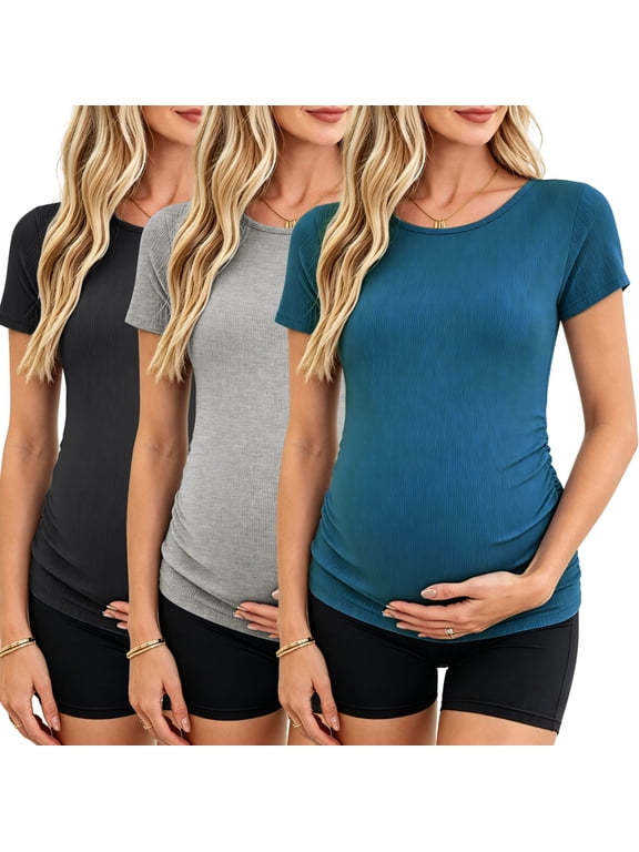 Women's Maternity Shirts Tops Side Ruched Ribbed Pregnancy Clothes 3-Pack