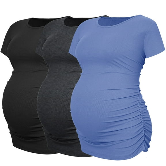 Women's Maternity Shirts Tops Side Ruched Ribbed Pregnancy Clothes 3-Pack