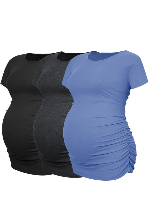 Women's Maternity Shirts Tops Side Ruched Ribbed Pregnancy Clothes 3-Pack